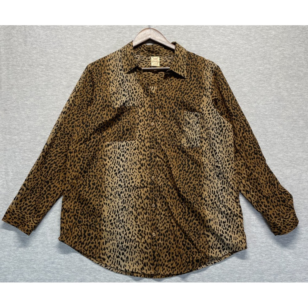 Faded Glory Shirt Womens Large 12-14 Brown Black Cheetah Print Button-Up Casual